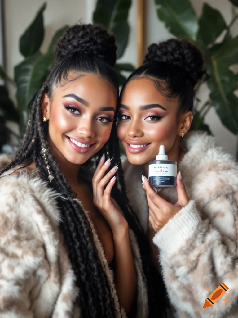 Two young women in furry coats smiling and holding a skincare bottle, in a photorealistic style.