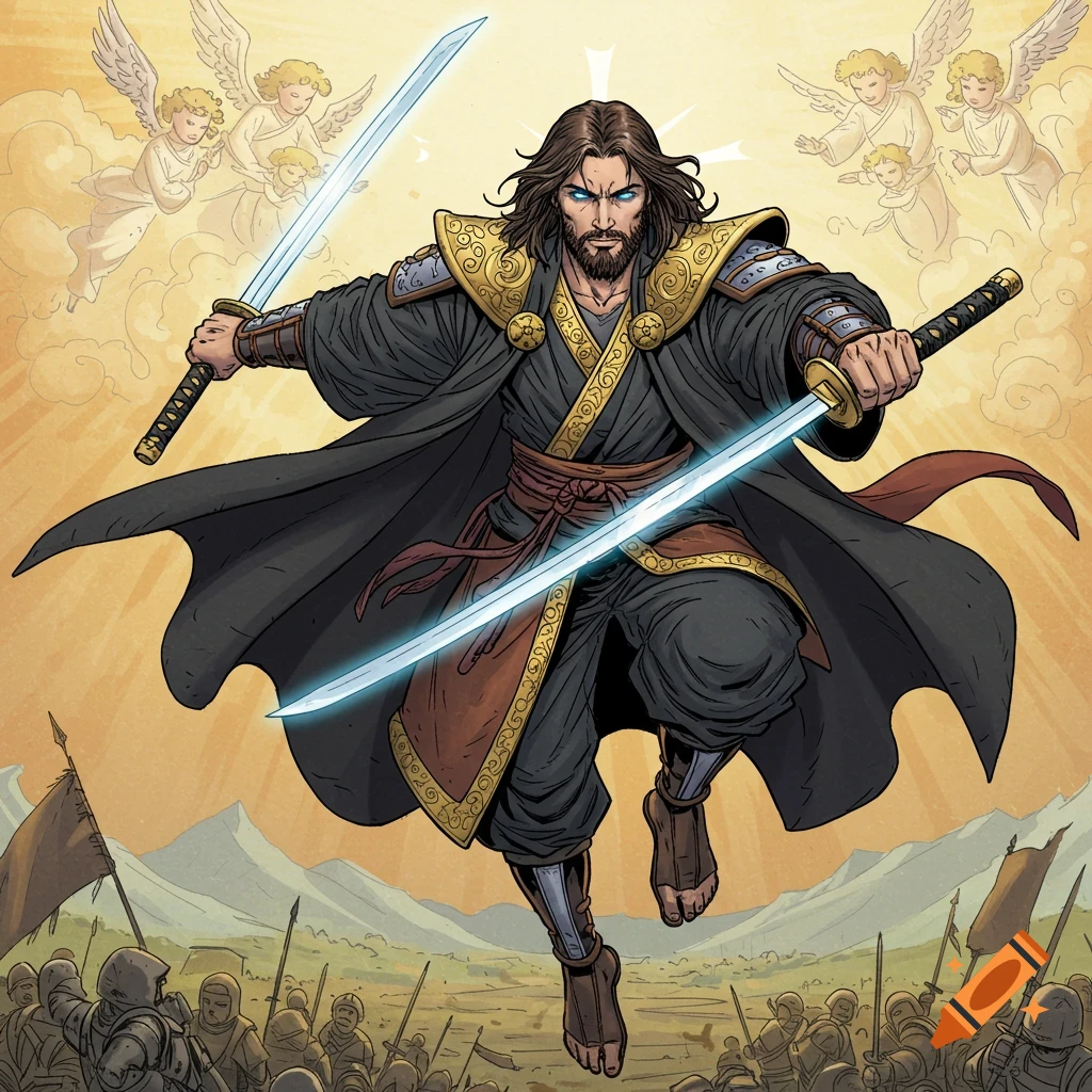 Comic art of a warrior with two swords jumping over a battlefield with angels in the sky