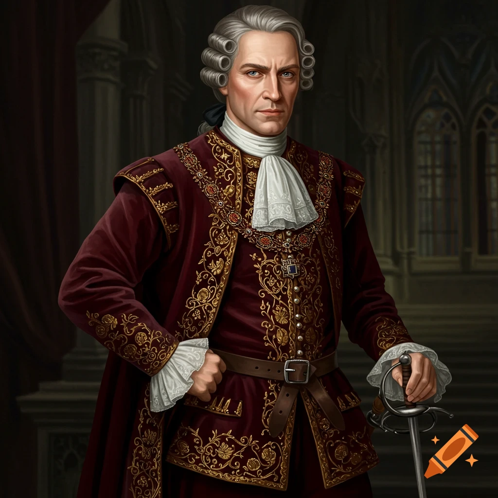 Portrait of a noble man in historical attire holding a sword.