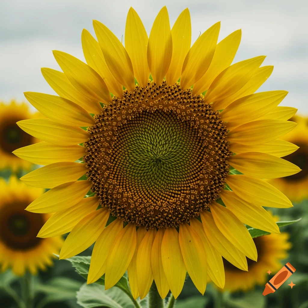 A close-up view of a single large sunflower in a field.
