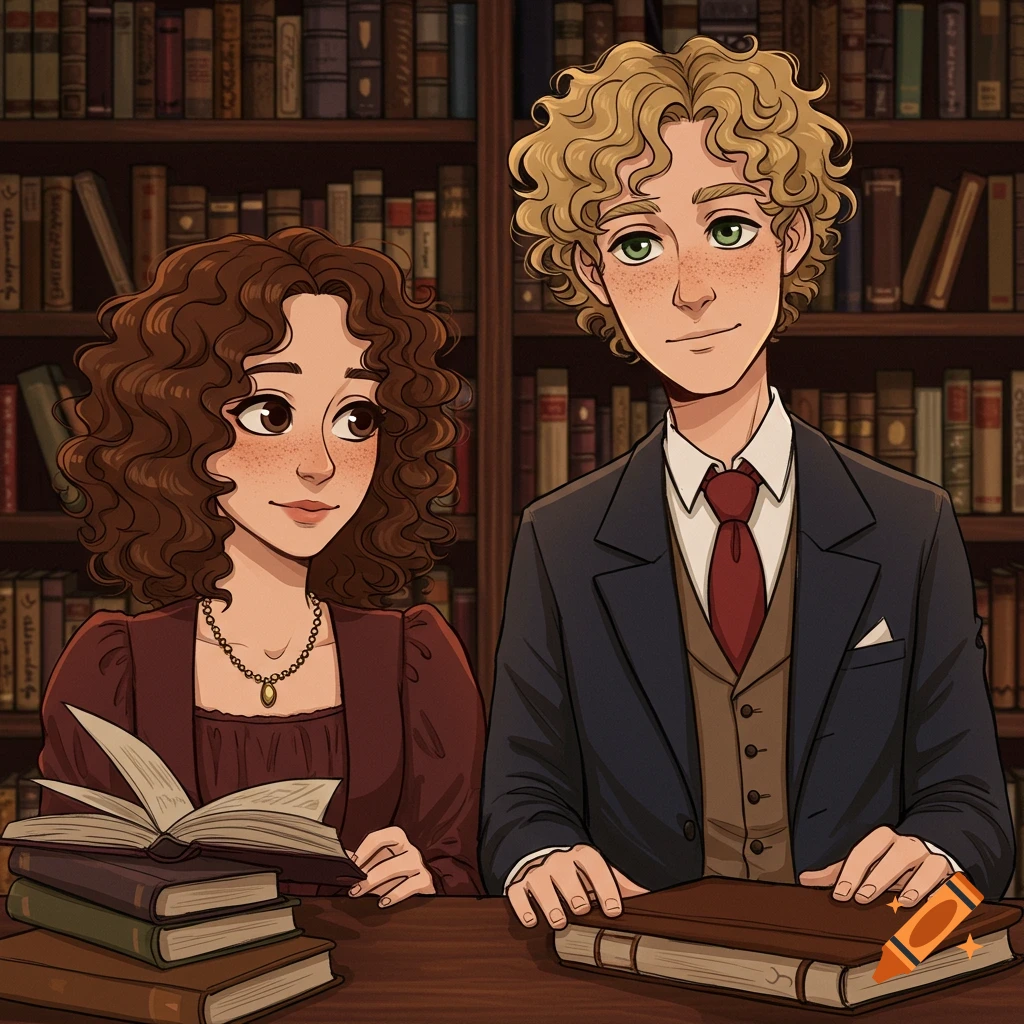 Cartoon illustration of a man and woman sitting with books in a library.