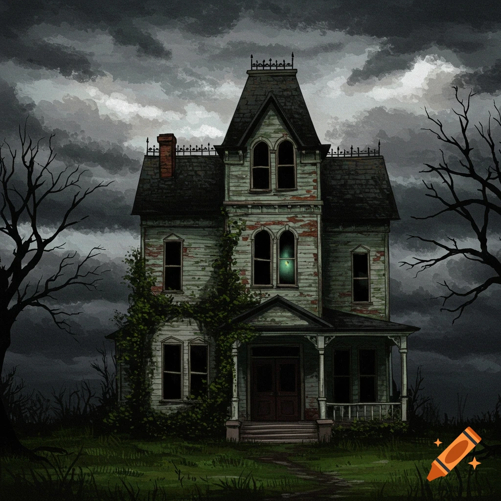Painting of an old, dilapidated haunted house with glowing windows under a dark, stormy sky.