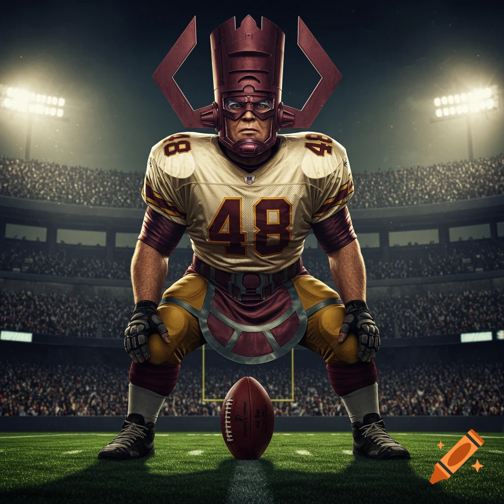 Galactus in a football uniform on a football field, ready to hike the ball.