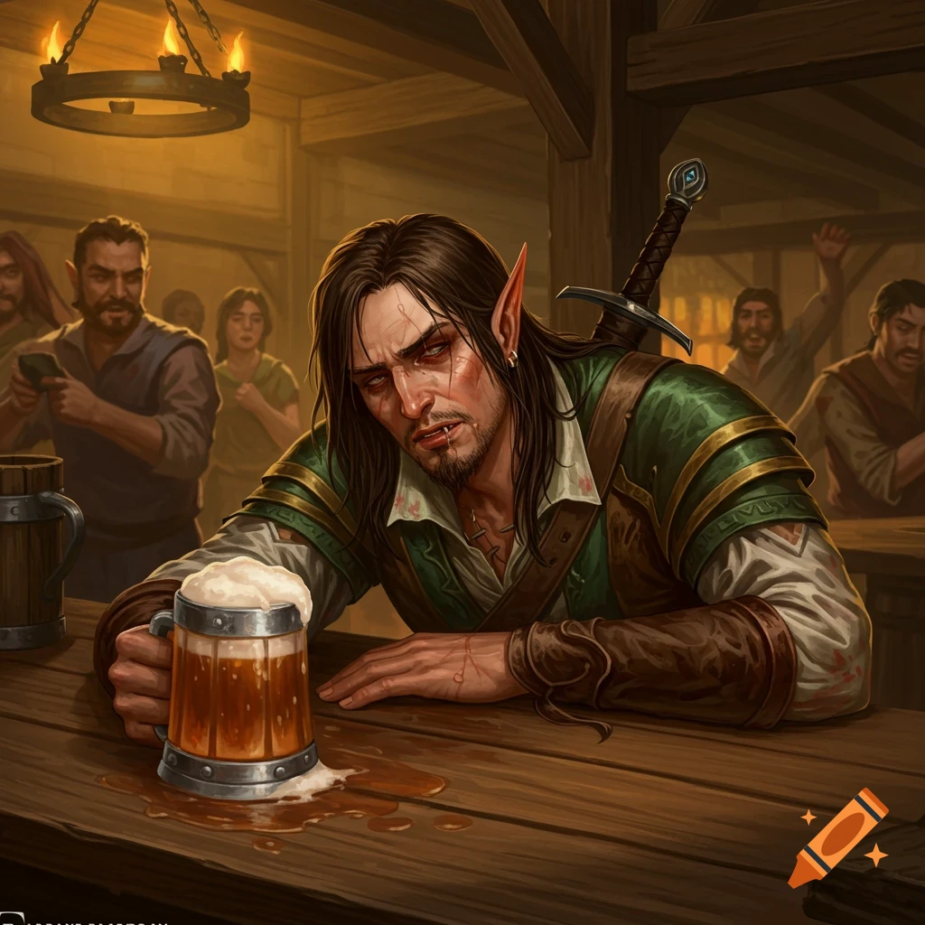 Illustrative depiction of a drunk male elf leaning on a bar counter with a spilled beer mug in a tavern.