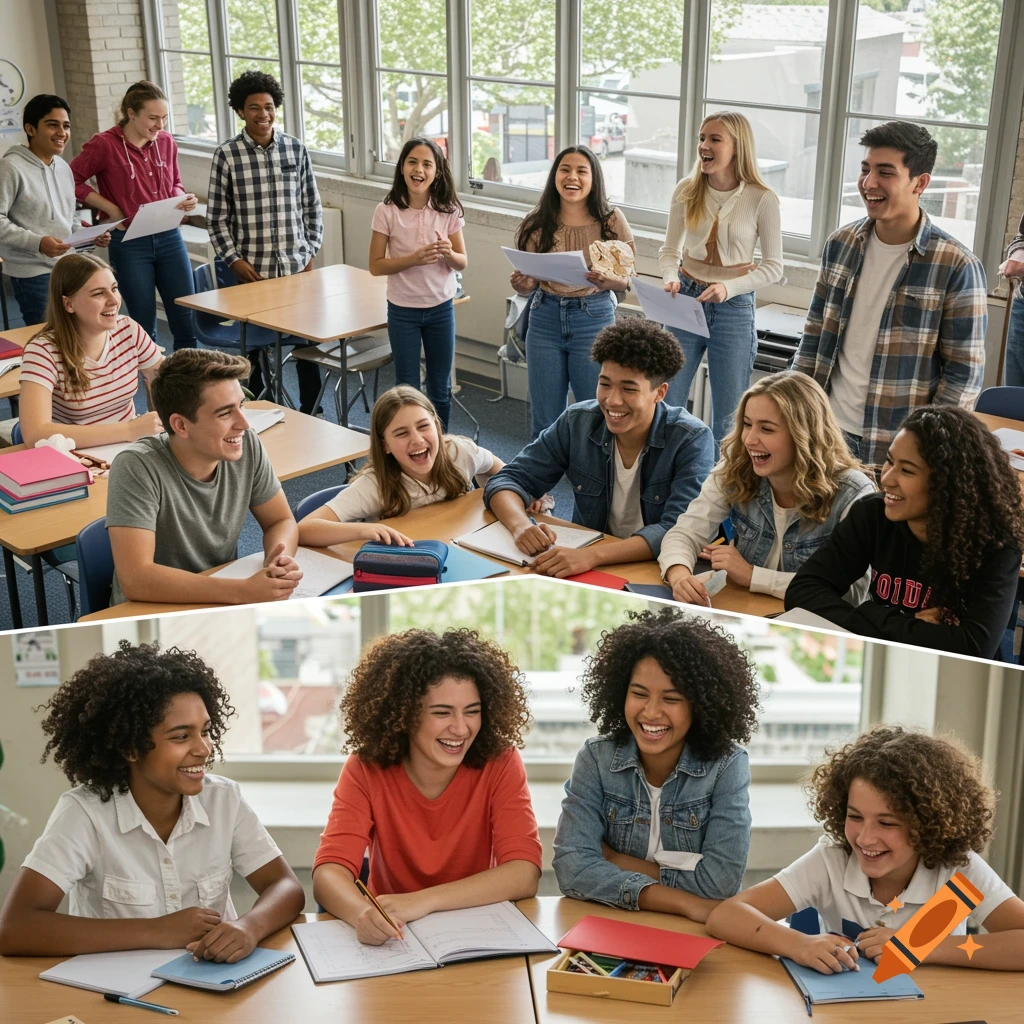 Diverse students laughing and studying in a bright classroom setting.
