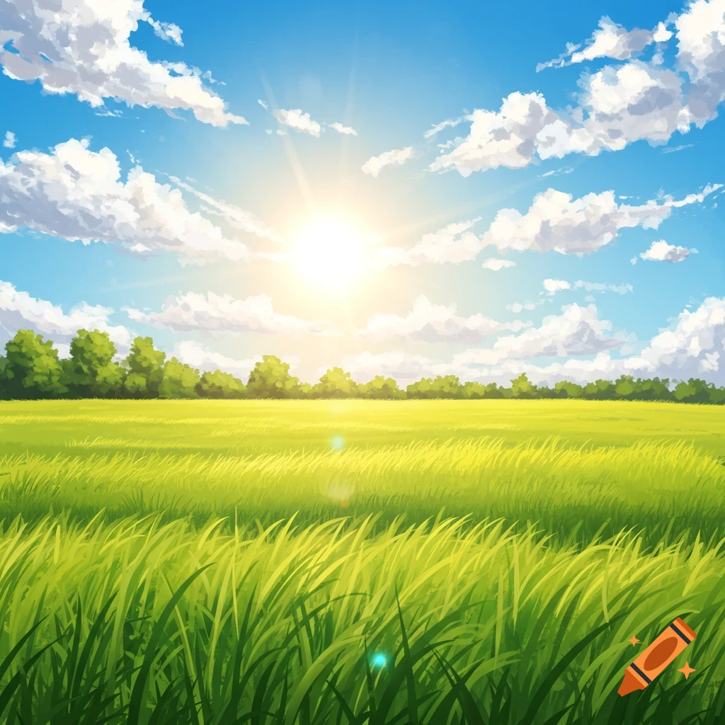 Sunny day over a green field with tall grass and trees in the distance.