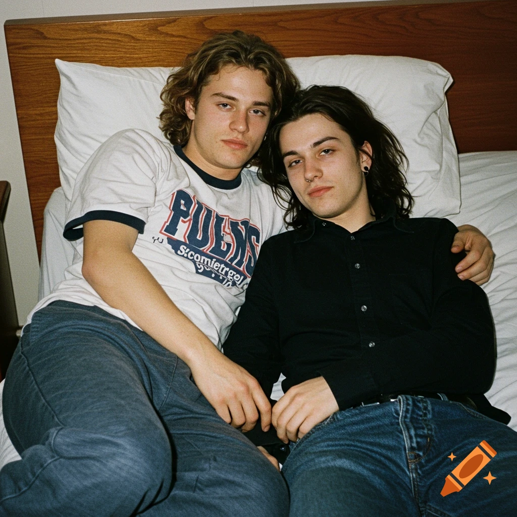 Two young men lie on a bed, one in a t-shirt, the other in a black shirt, in a photograph with an early 2000s aesthetic.