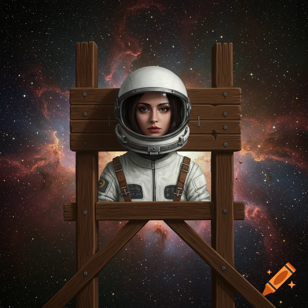 Woman in a white spacesuit in a wooden pillory, against a starry space background.