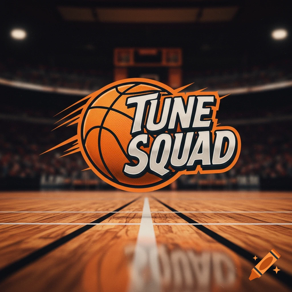 The Tune Squad logo featuring a basketball and text, on a basketball court.