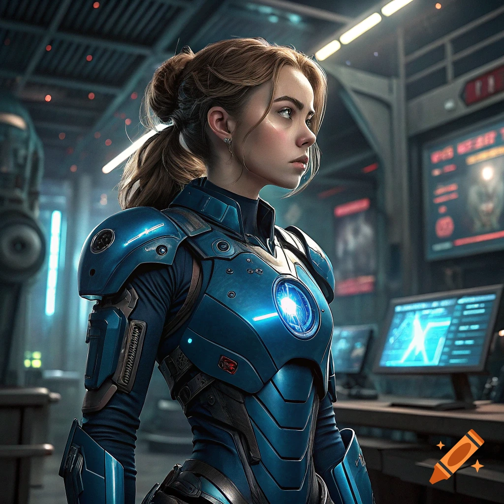 A person in blue futuristic armor stands in a sci-fi lab with monitors.