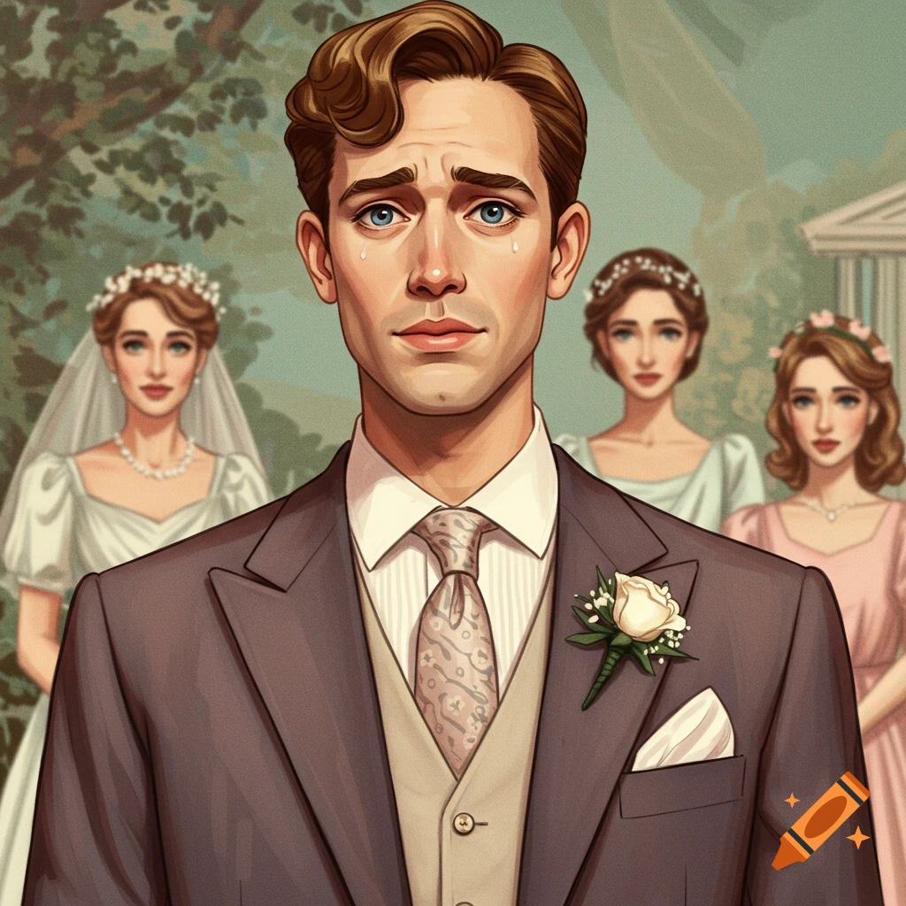 Illustrated portrait of a man crying in a suit and tie at a wedding