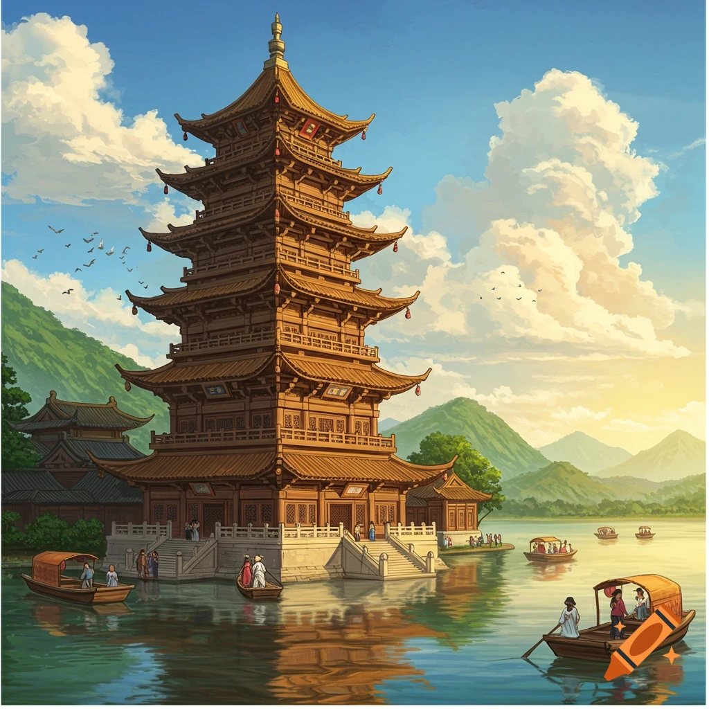 Painting of a traditional multi-story pagoda on a lake with boats and mountains.