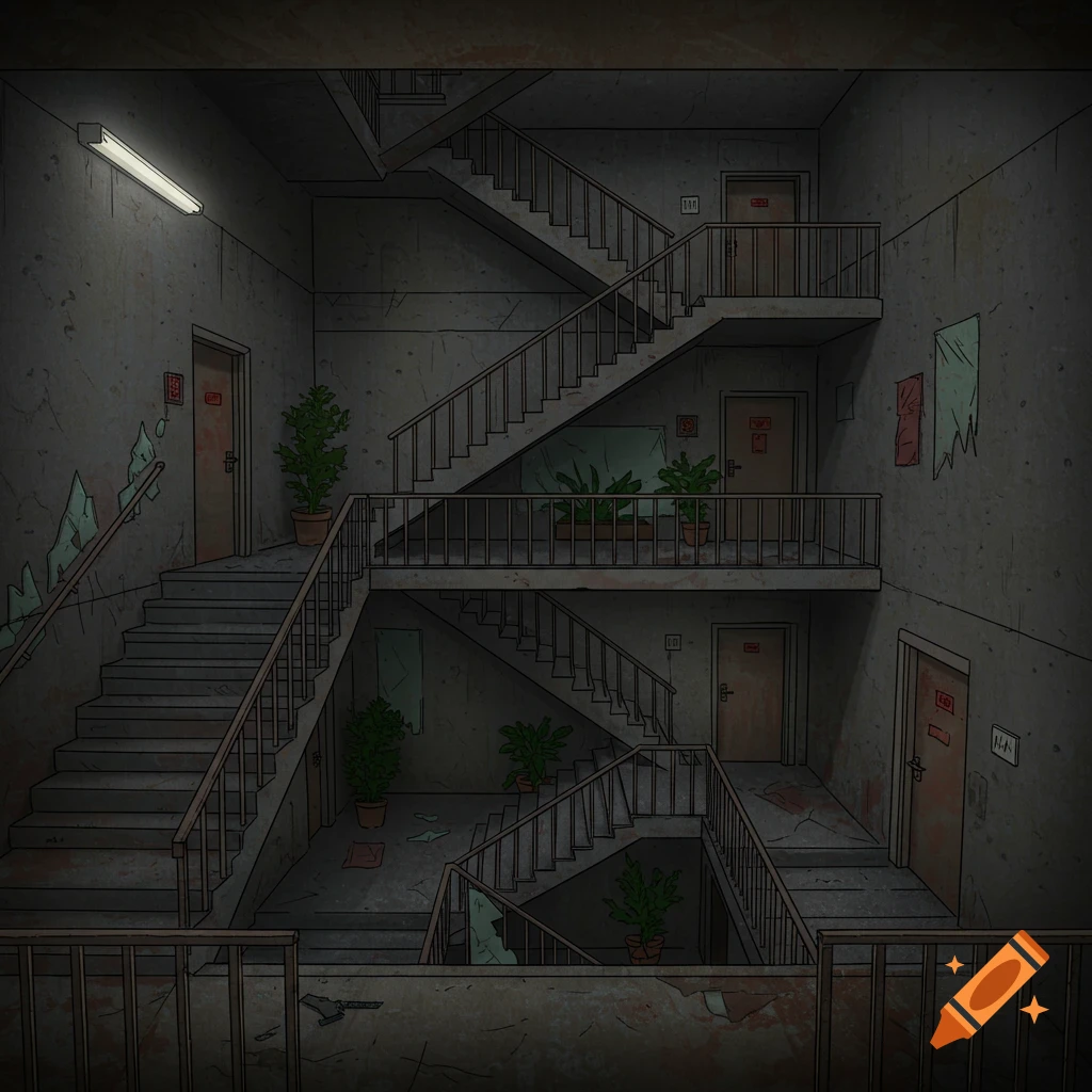 Illustration of a multi-level apartment stairwell battlemap, damaged walls and potted plants.