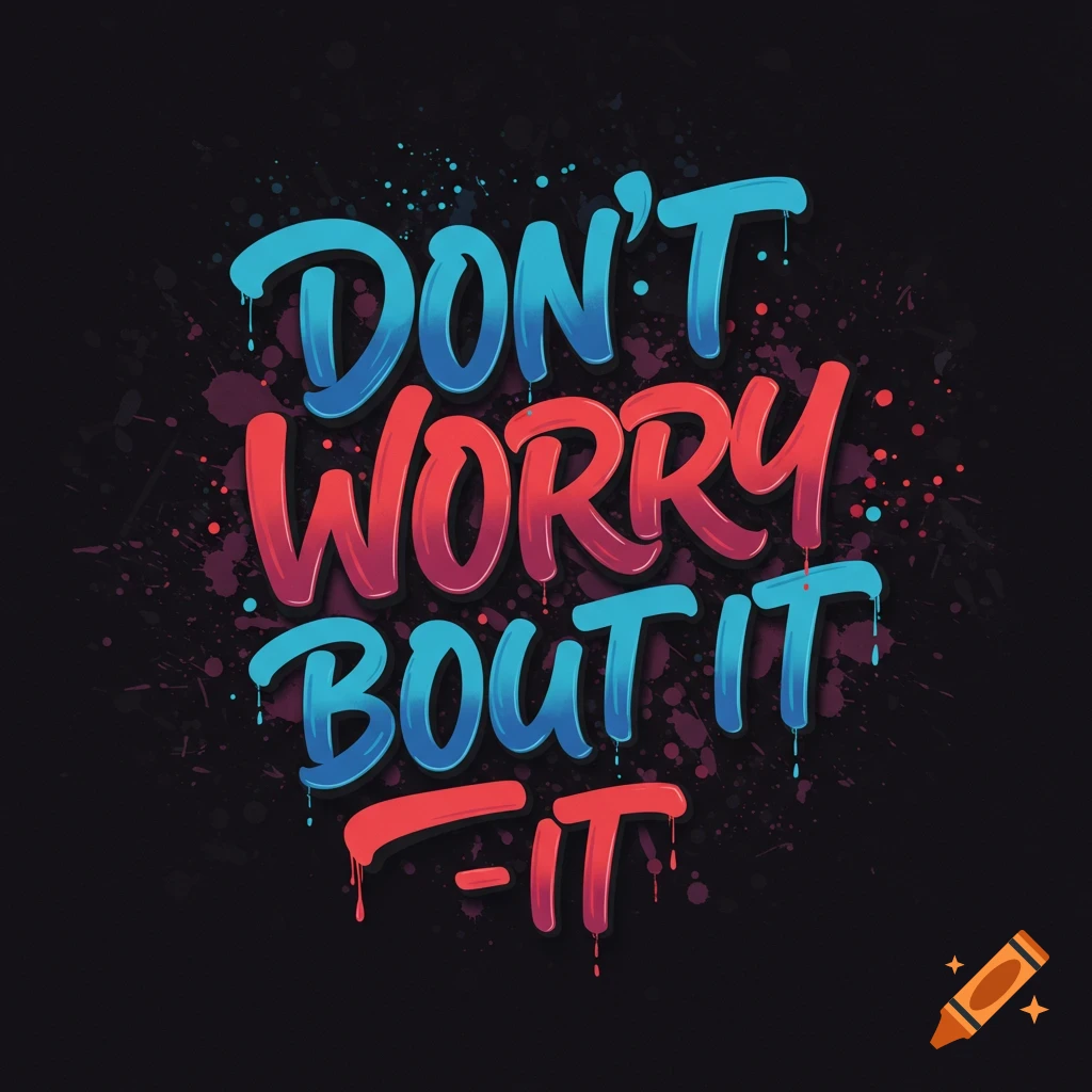 Stylized blue and red text on a black background reads 'DON'T WORRY BOUT IT -IT' with paint splatters.