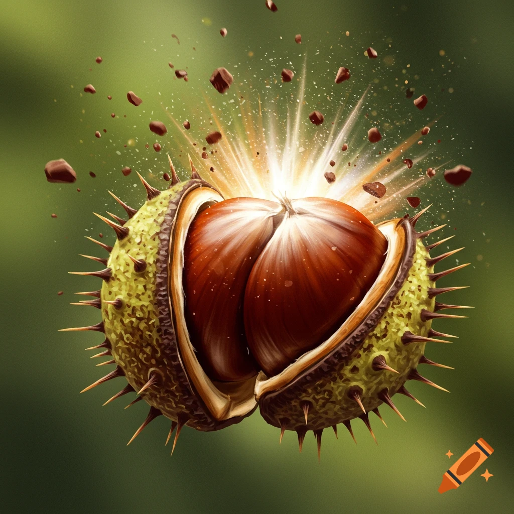 A chestnut exploding, with pieces flying out
