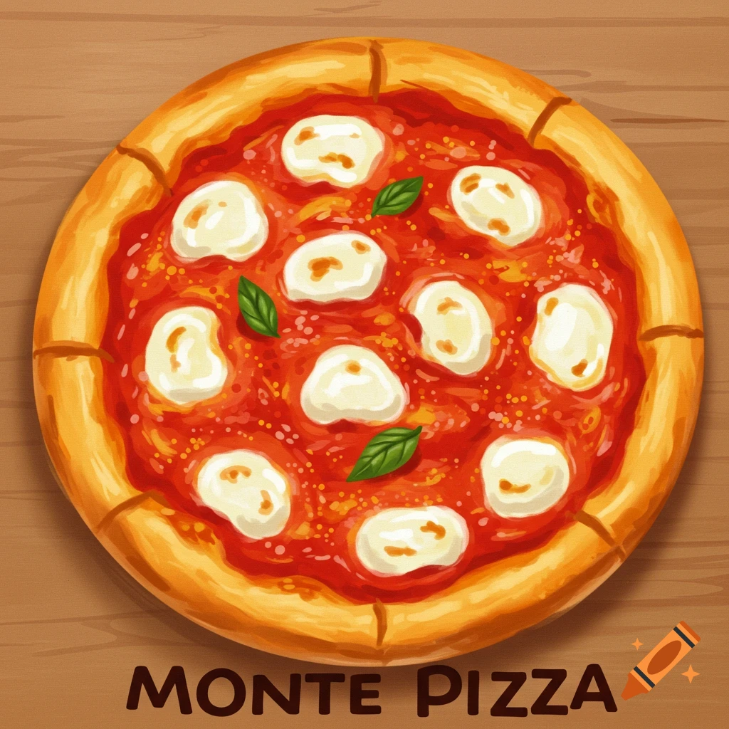 Illustration of a pizza with mozzarella and basil on a wooden table, text 'MONTE PIZZA'