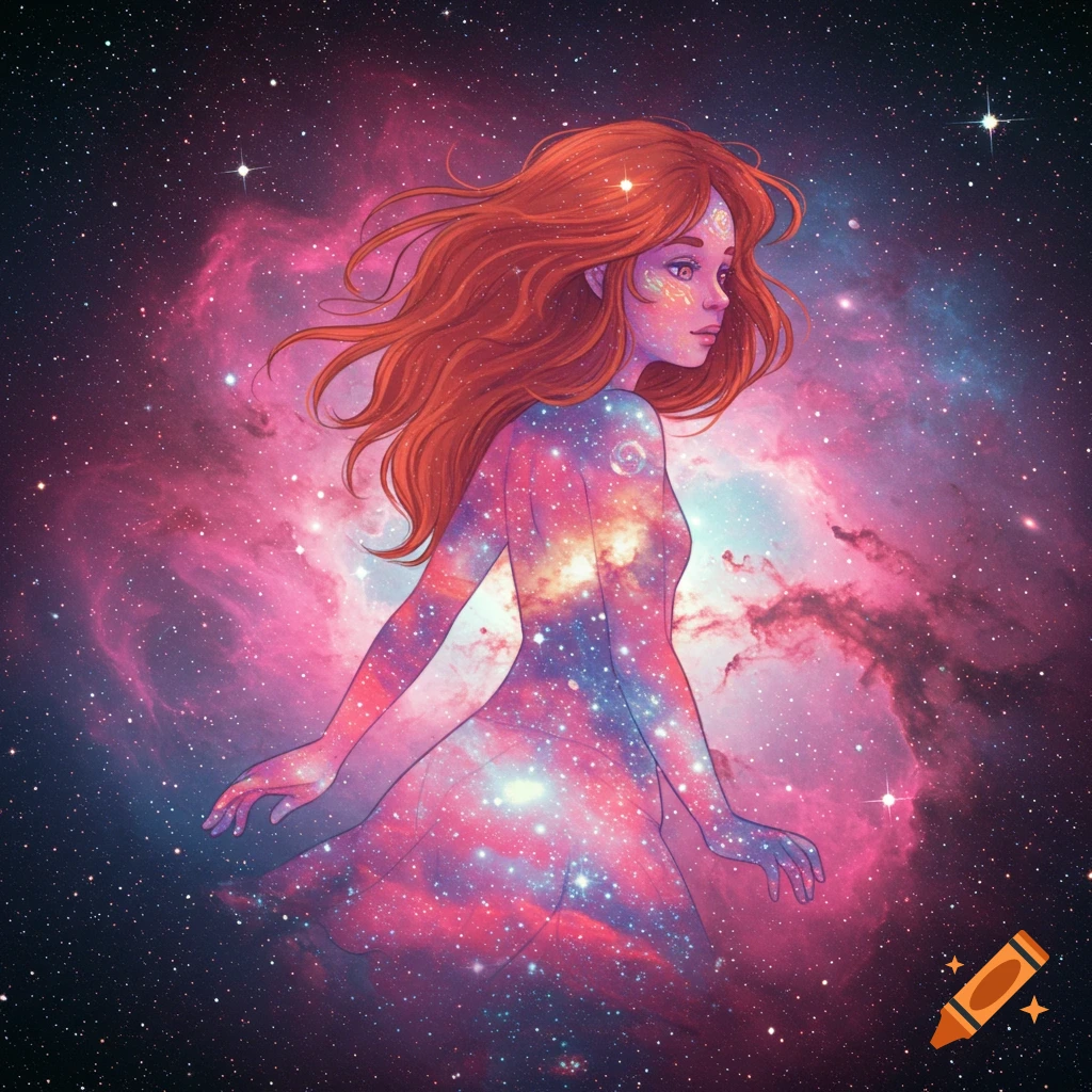 A stylized woman figure composed of stars and nebulae against a cosmic background, digital art.