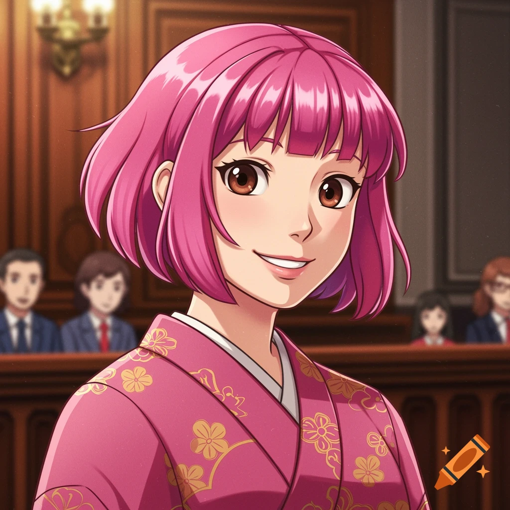 Anime style portrait of Maya Fey in a pink kimono in a courtroom setting.