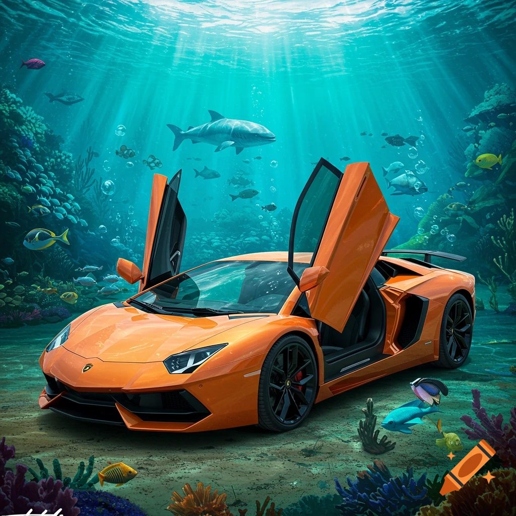 An orange Lamborghini on the ocean floor with doors open, surrounded by coral, fish, and a shark, sunlight filtering through the water.