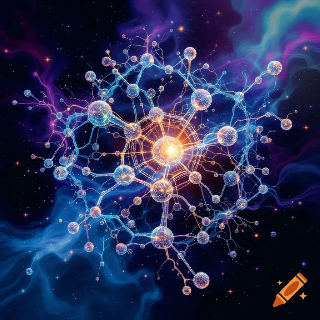 Abstract network structure of glowing nodes and lines in a colorful space background with stars and nebulae.