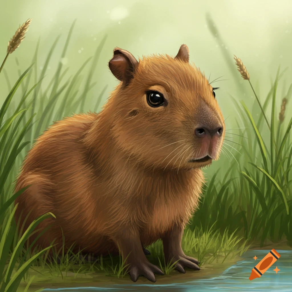 A baby capybara sits by the water in tall grass in an illustration style.
