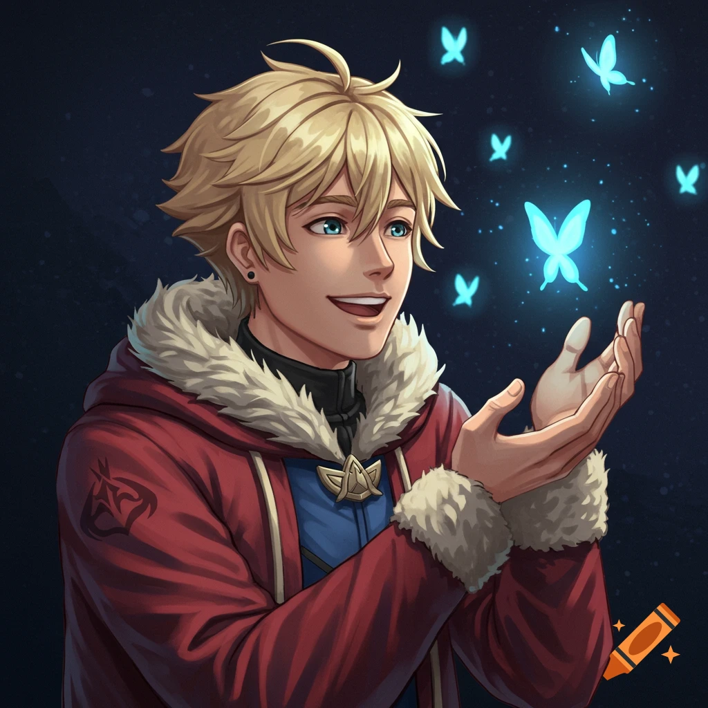 Anime drawing of a smiling blond man in a red coat reaching for glowing blue butterflies.