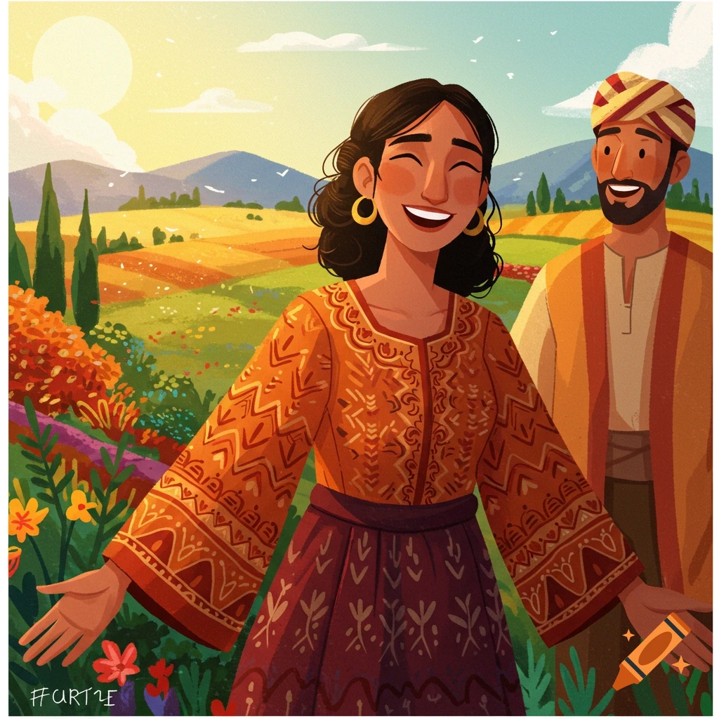 Stylized illustration of a smiling woman with outstretched arms standing in a field with a man behind her.