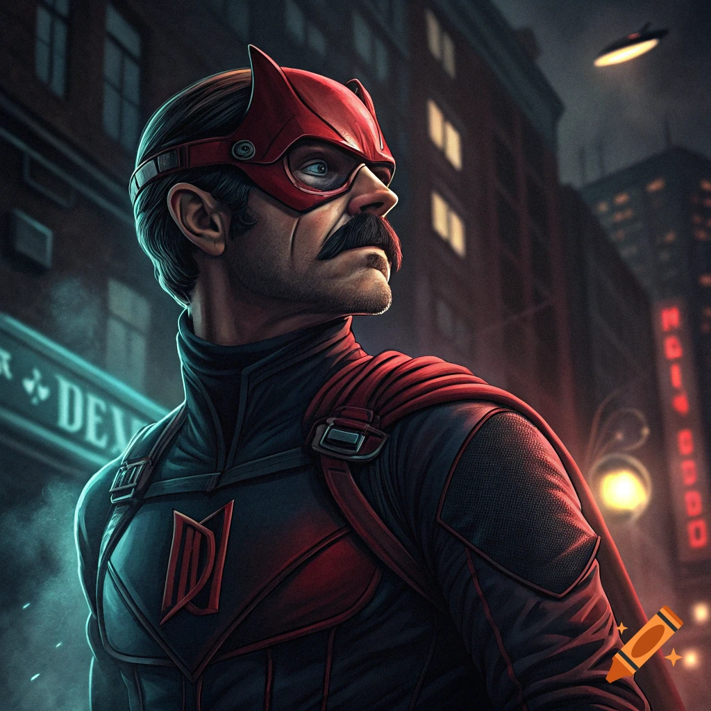 Man in a red mask and superhero suit with a mustache stands on a city street at night.