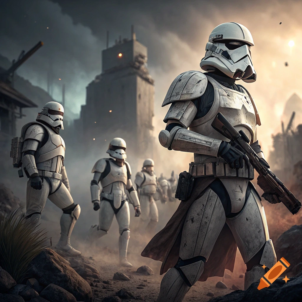 Several soldiers in white armor march through dusty, rocky ruins under a dramatic sky.