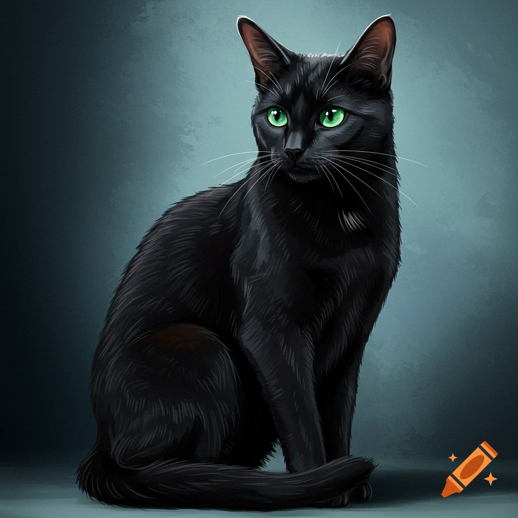 A black cat with bright green eyes sits against a dark teal background, digital illustration.