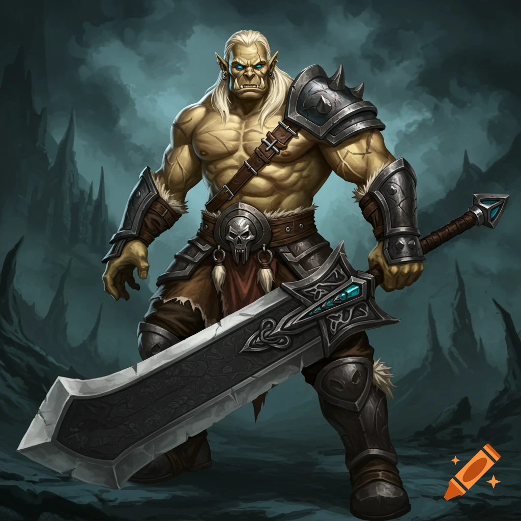 An imposing orc warrior with blonde hair and blue eyes stands holding a massive greatsword in a dark, rocky fantasy landscape. He wears detailed metal armor and a belt with a skull buckle. Digital illustration.
