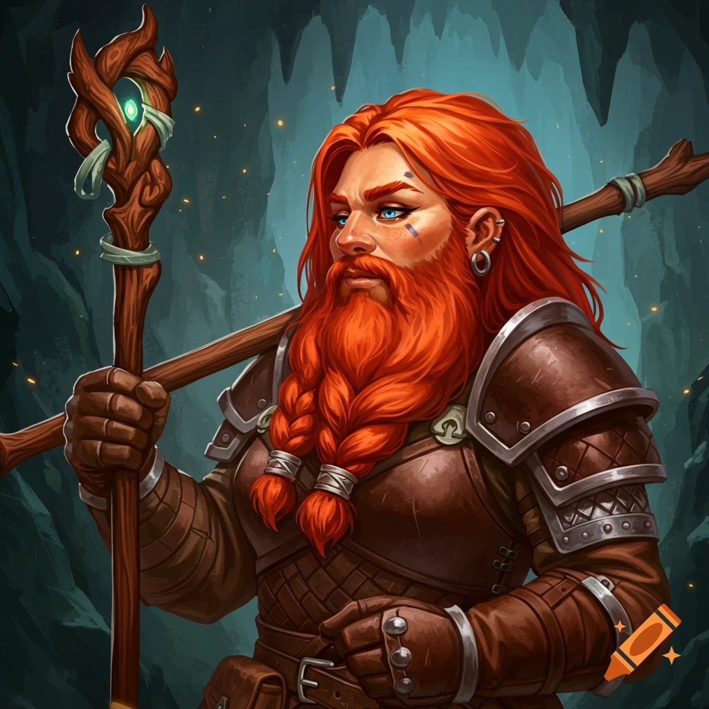 Fantasy illustration of a female dwarf with red hair and beard in armor, holding a staff in a cave.