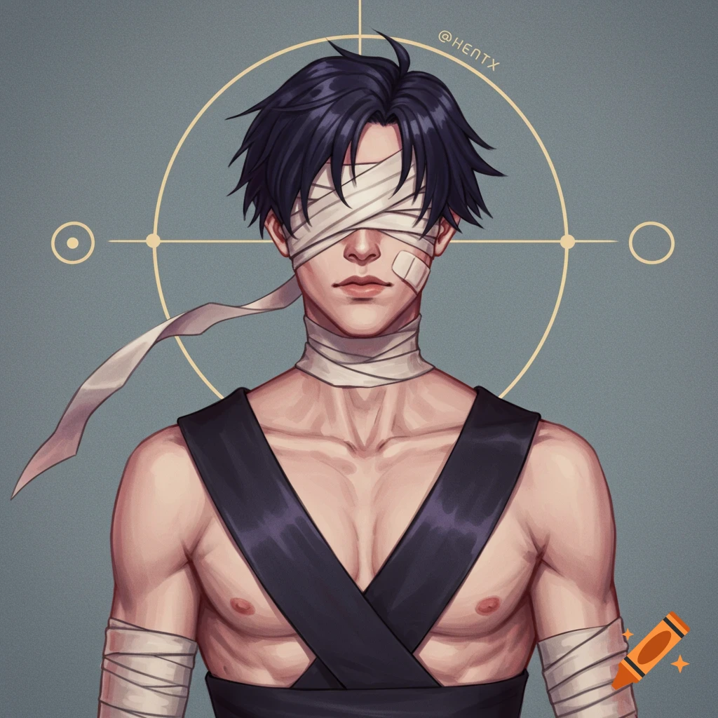 Illustration of a man with bandages over eyes and arms, wearing a dark vest.