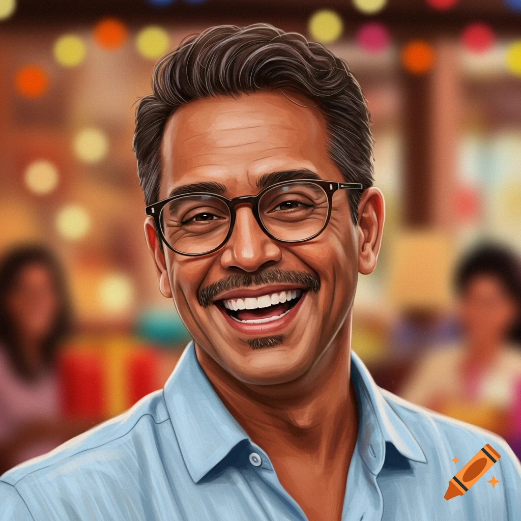 Illustrated portrait of a smiling man with glasses and a mustache wearing a light blue shirt, against a blurred background with colorful lights.