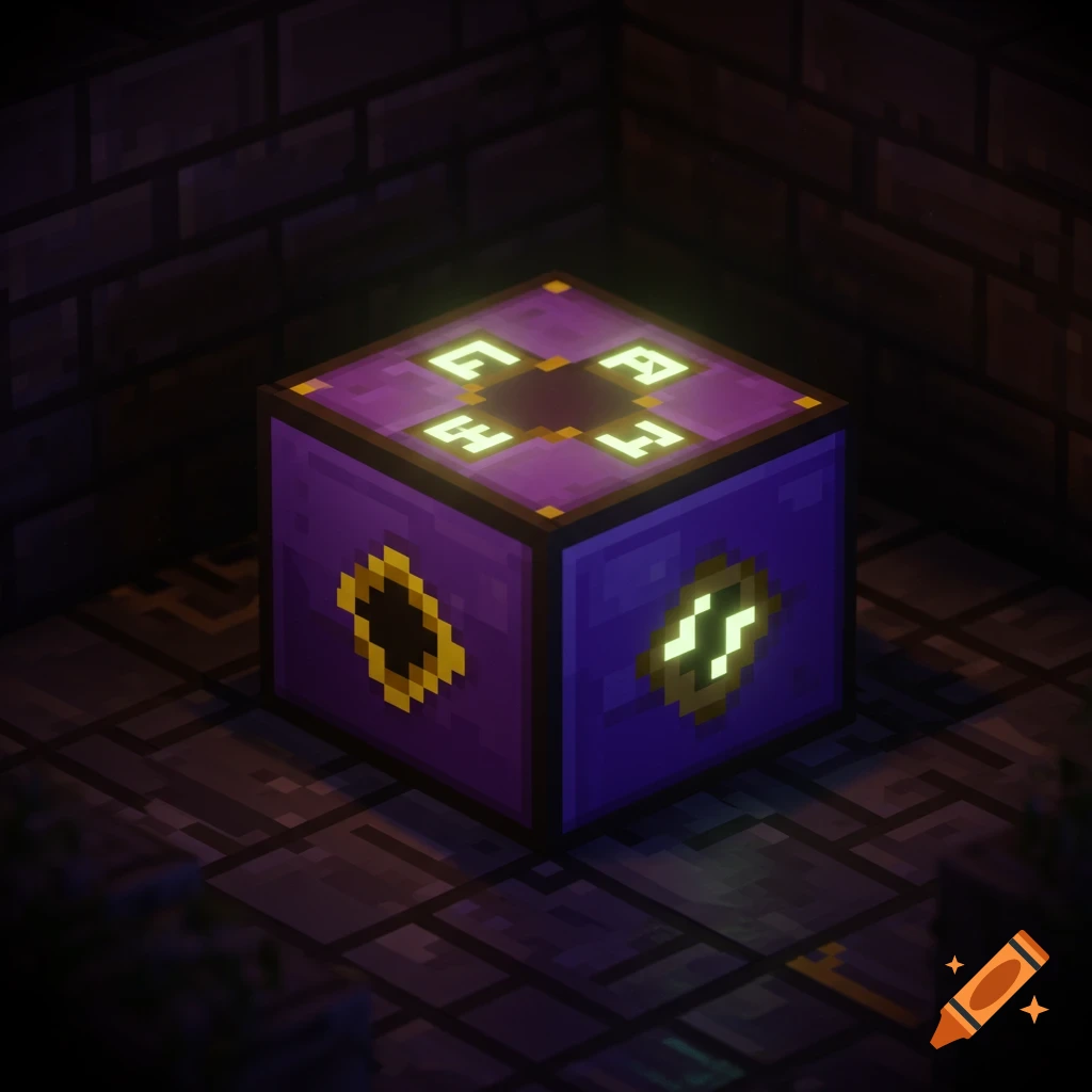 A pixelated purple box with glowing yellow symbols sits in a dark, blocky room, resembling a Minecraft enchantment table.