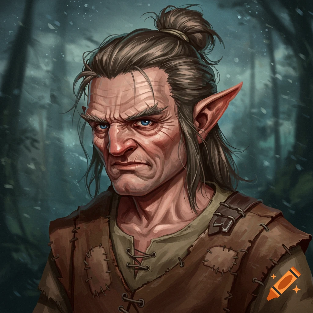 Portrait of a cranky elderly half-elf character with blue eyes and a top knot bun, in a forest.