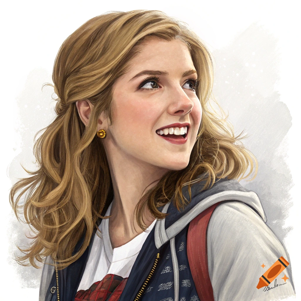 Painting of a smiling woman with blond hair wearing a jacket, looking up.