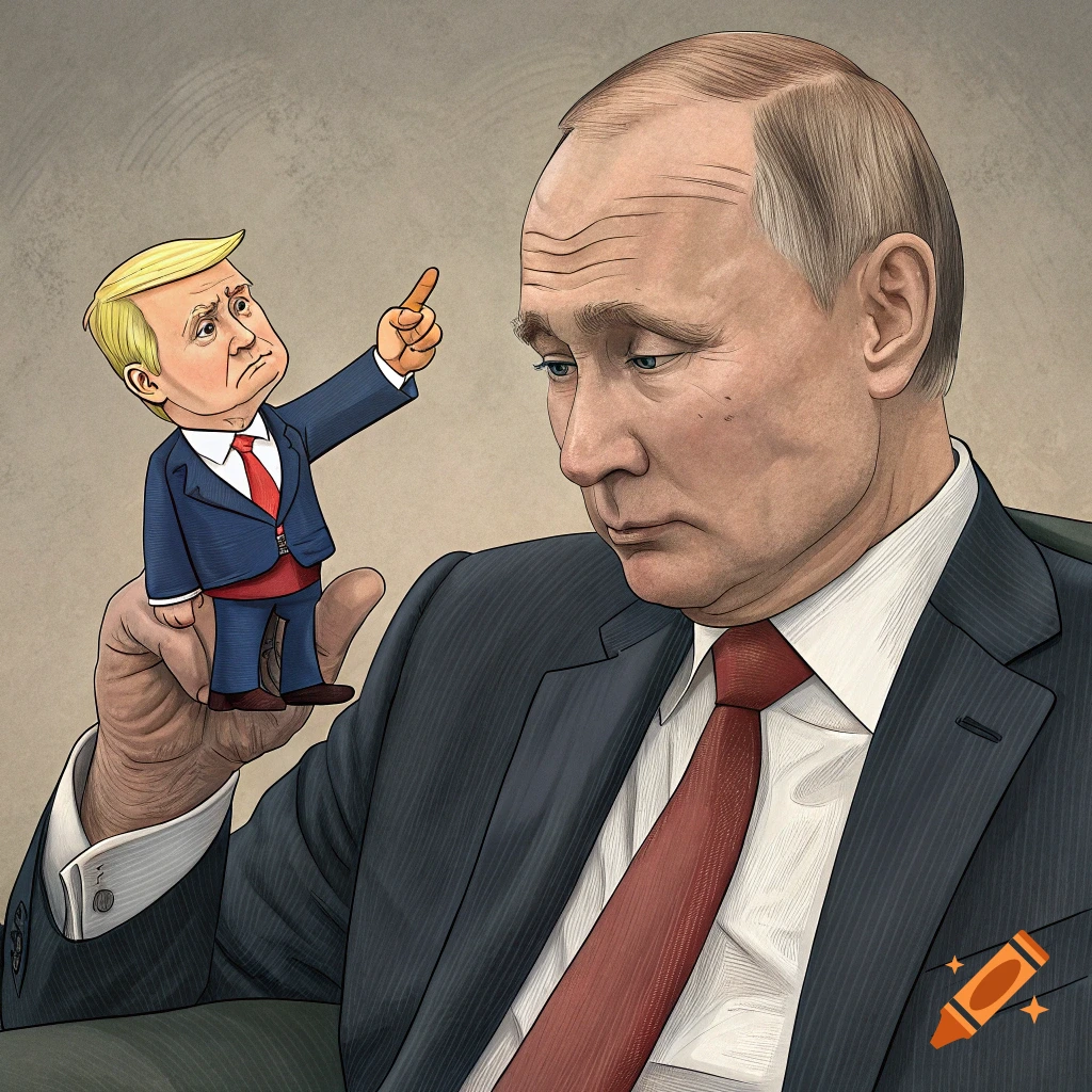 Illustration of Vladimir Putin looking at a tiny Donald Trump figure held on his finger like a puppet.