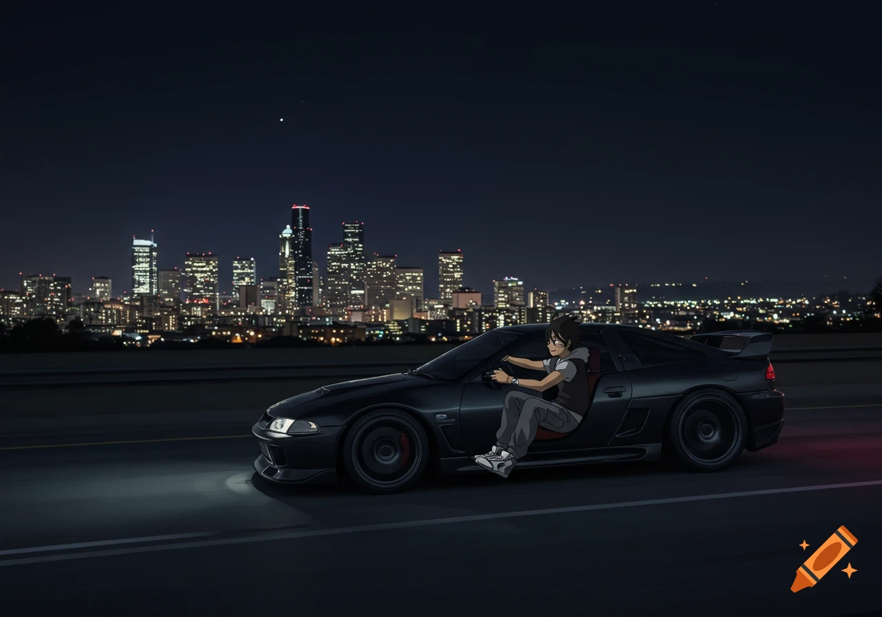 Anime person driving a black car at night with a blurry city skyline in the background.