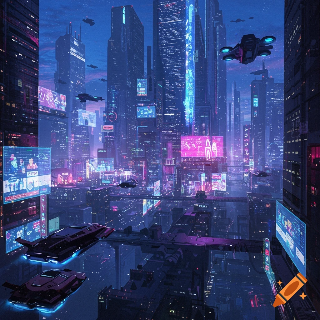 Futuristic city skyline at night with neon lights and flying vehicles