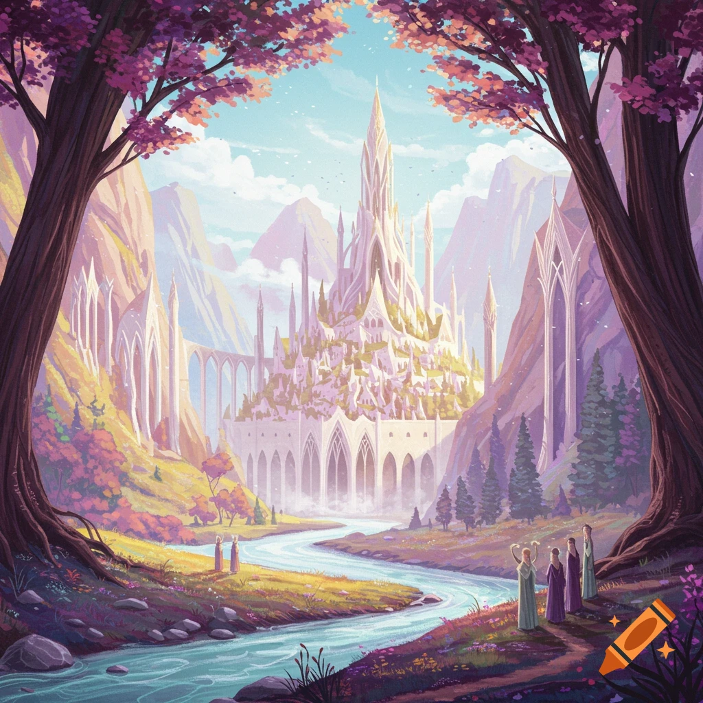 Fantasy city with tall white spires in a river valley, surrounded by mountains, pink-leafed trees, and small figures.