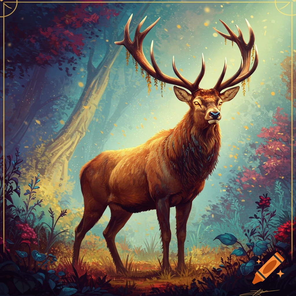 A majestic elk with large antlers stands in a vibrant, colorful fantasy forest setting.
