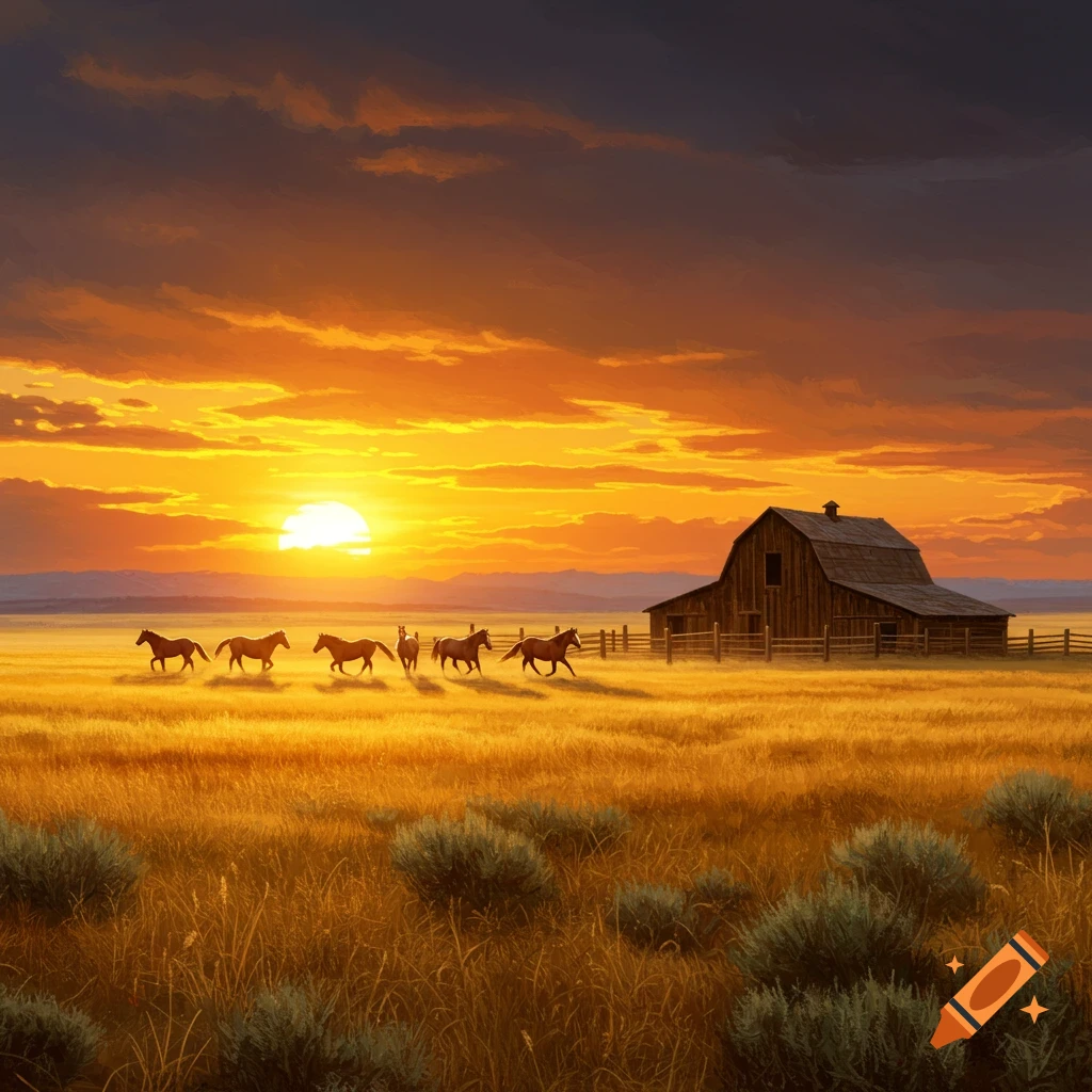 Horses running in a field towards a barn at sunset