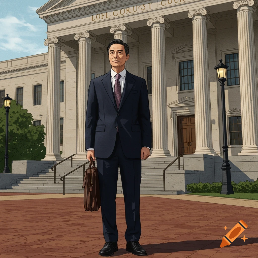 A man in a suit stands in front of a large court building with pillars, holding a brief case.