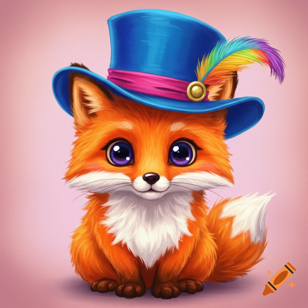 Cute digital illustration of a fox wearing a blue top hat with a rainbow feather.