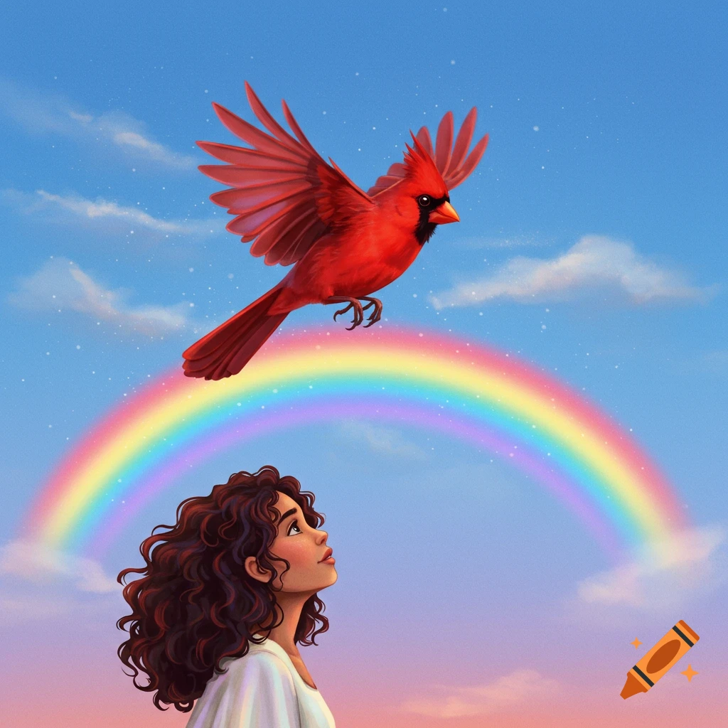 Illustration of a woman looking up at a red cardinal flying over a rainbow in a sky.