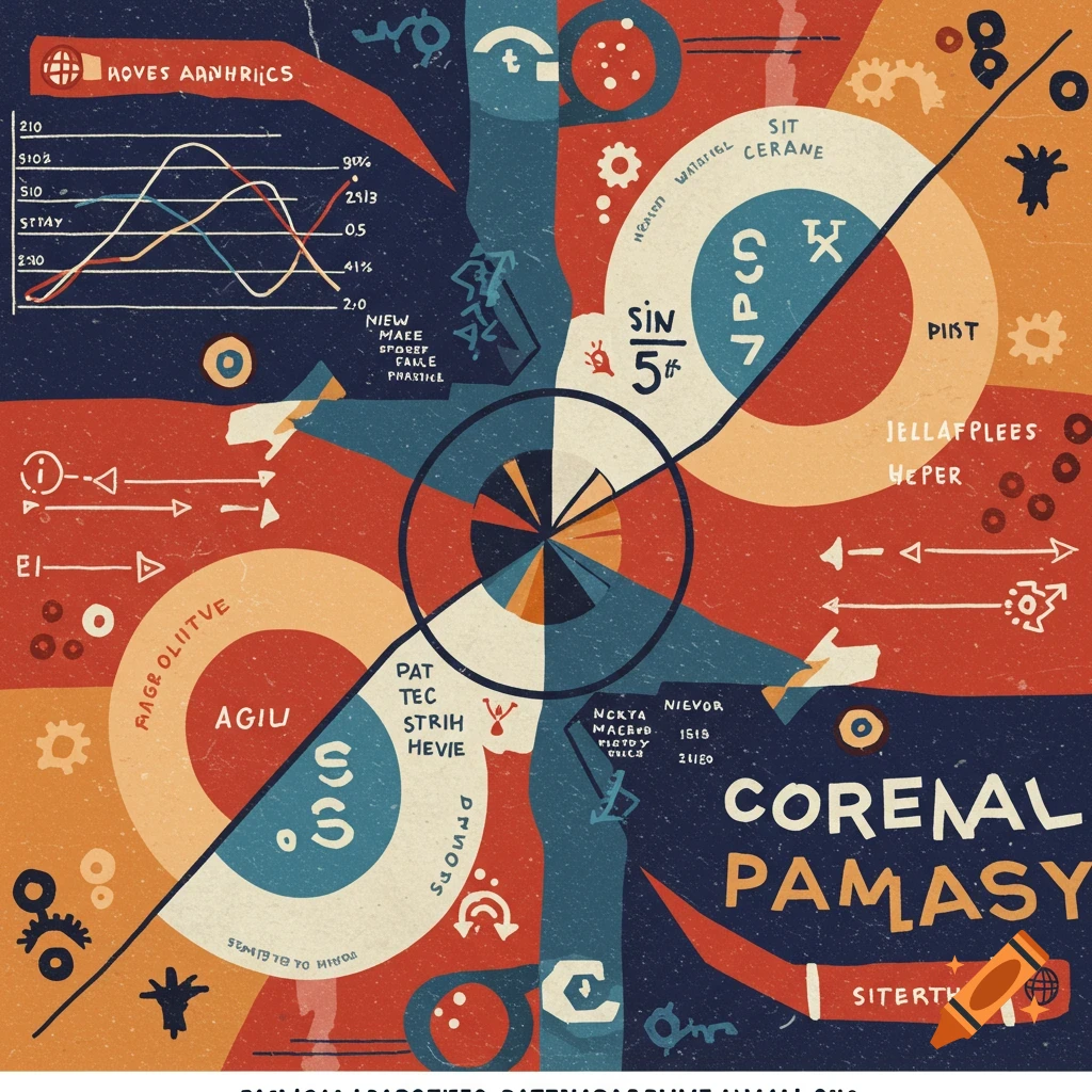 Abstract illustration resembling charts and diagrams in red, blue, and orange tones.