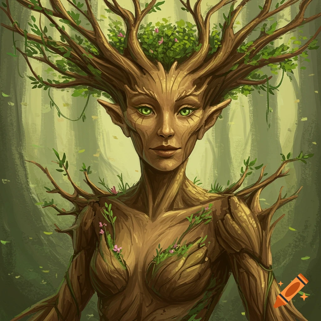 A female tree-like fantasy creature with branches for hair and shoulders stands in a forest.