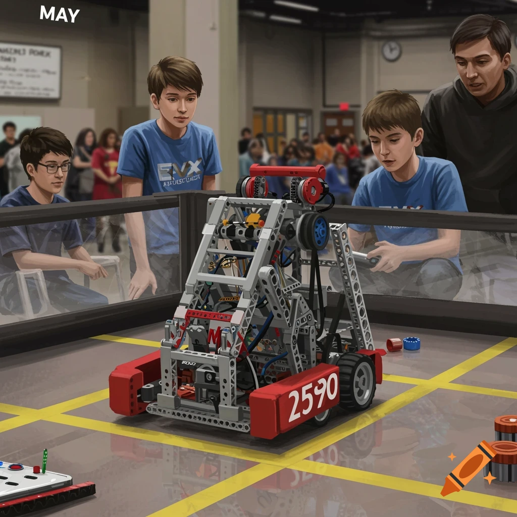 Teenagers compete with a robot at a robotics competition. Illustrated style.