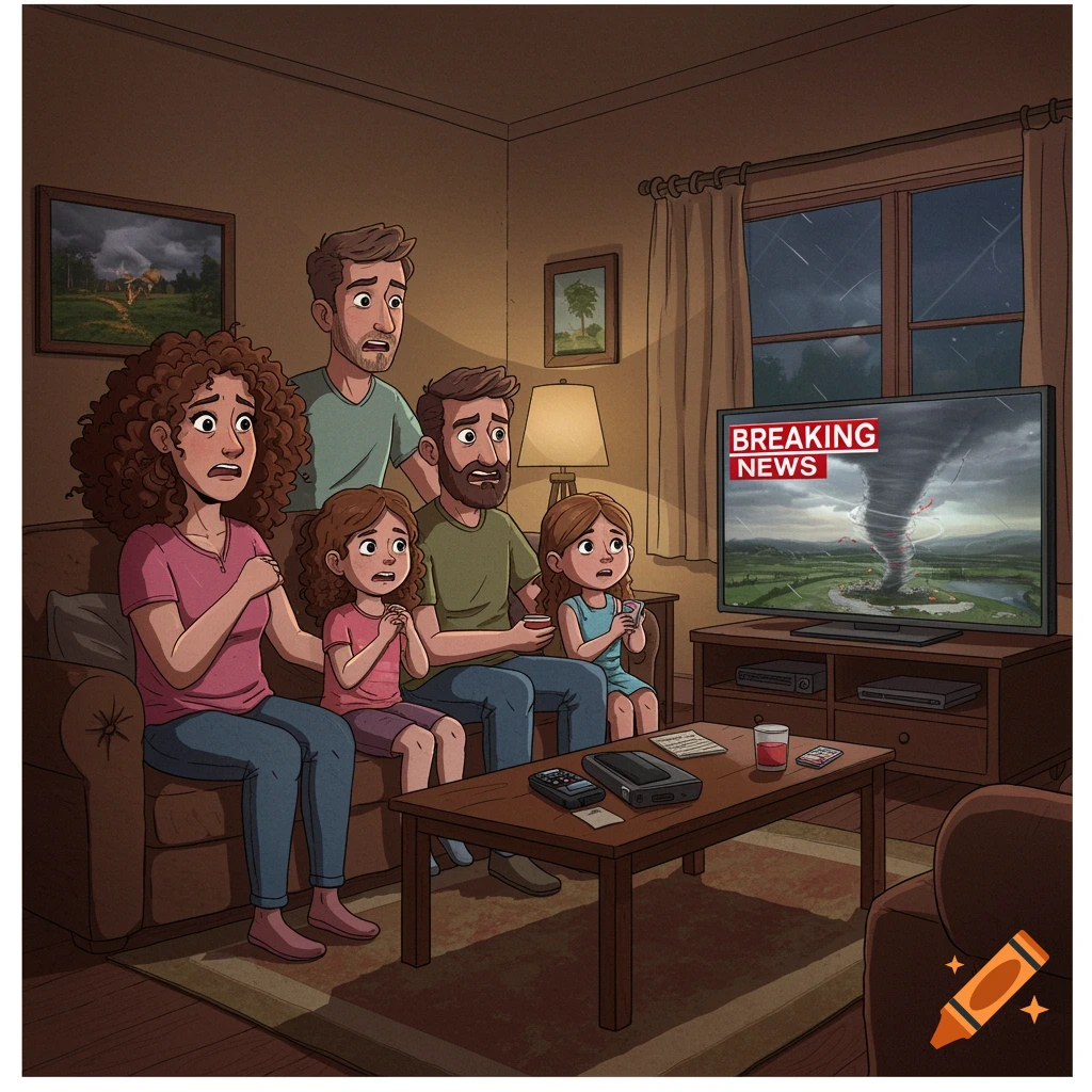An illustration of a family looking scared while watching breaking news about a tornado on TV in their living room.